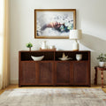 63' Mid Century Modern Rattan Sideboard Buffet Cabinet with Storage, Retro Coffee Bar Wine Bar Credenza, Large Media Console Table for Living Room/Entryway/Kitchen, Walnut.