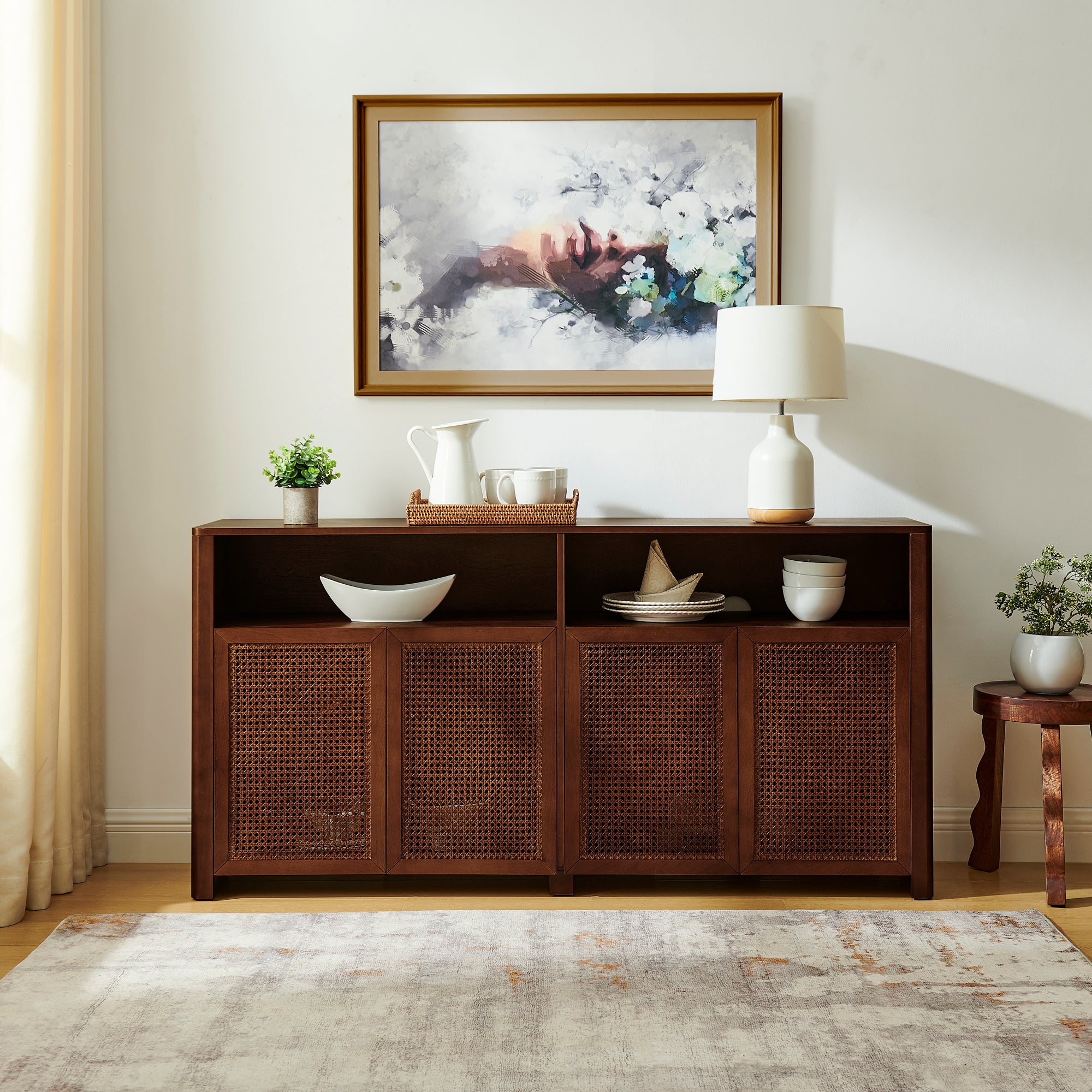 63' Mid Century Modern Rattan Sideboard Buffet Cabinet with Storage, Retro Coffee Bar Wine Bar Credenza, Large Media Console Table for Living Room/Entryway/Kitchen, Walnut