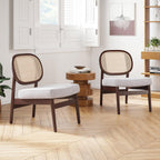 Rattan Accent Chair, Upholstered Living Room Chair with Rattan Back & Wood Frame, Mid-Century Modern Reading Chair for Living Room, Bedroom, Beige.