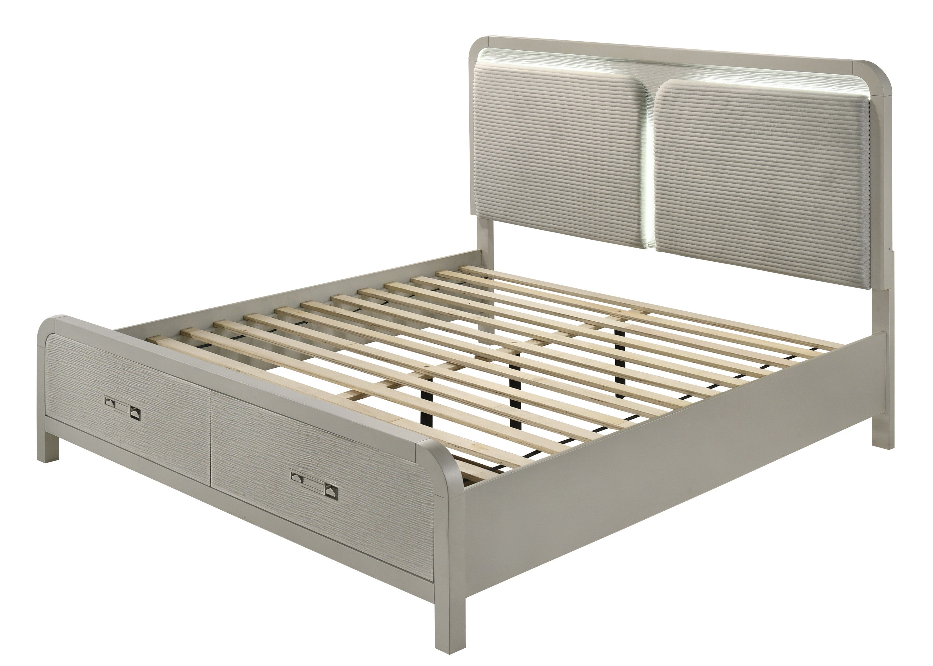 Aria Modern Queen Bed frame with slatted base and two front drawers, offering sturdy support and hidden storage in a sleek beige finish.
