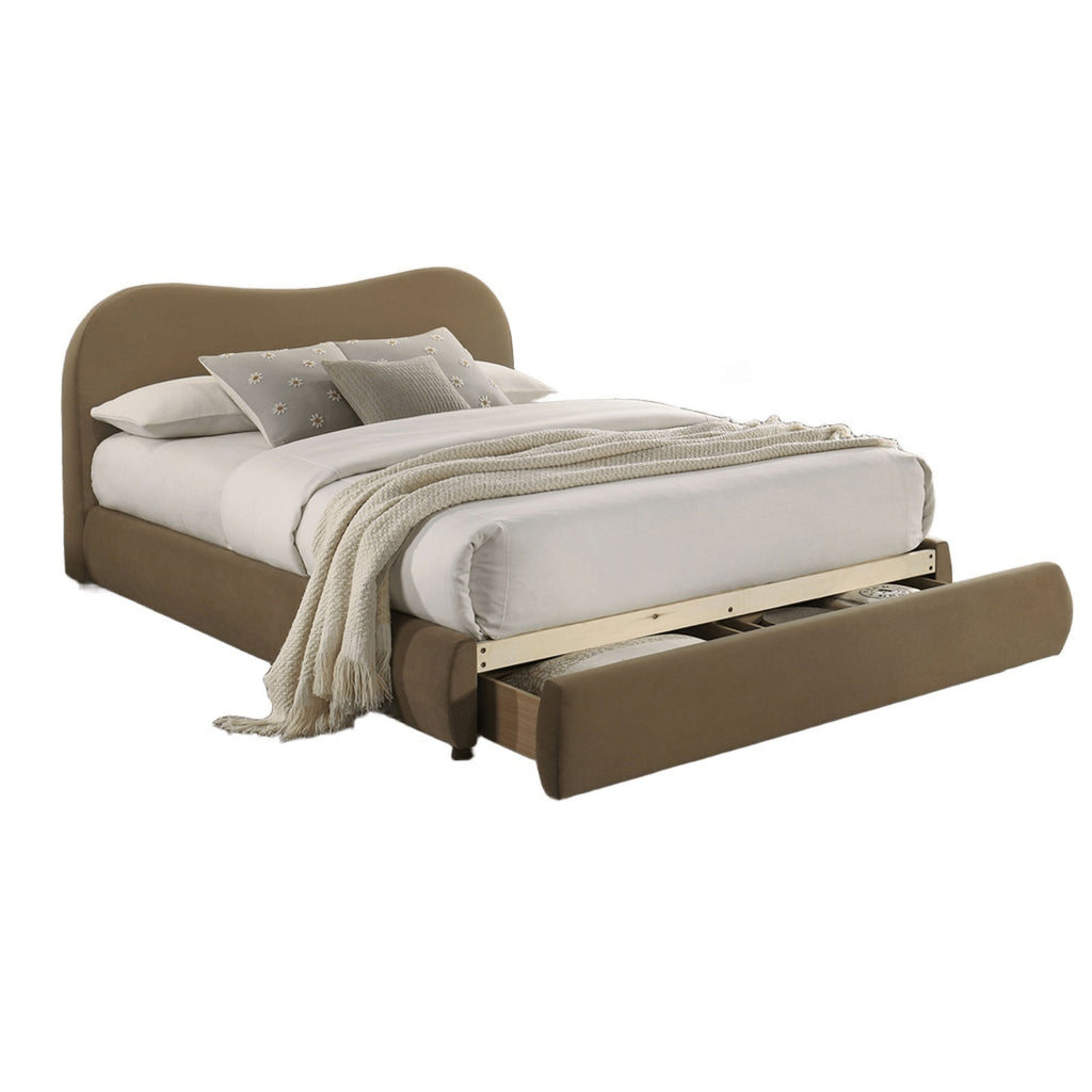 Queen bed with curved headboard and under-bed drawer in upholstered wood. Functional and stylish design for contemporary bedrooms.