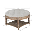 Large Round WaterProof Ottoman Coffee Table 2 Tier Oversized Button Tufted Ottoman with Wooden Shelf Storage Farmhouse Upholstered Coffee Table Living Room Footstool Ottoman Linen(Light Gray)