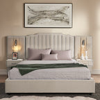 Front view of queen upholstered bed frame with velvet finish, vertical stripe headboard, and built-in bedside tables with adjustable lamps.