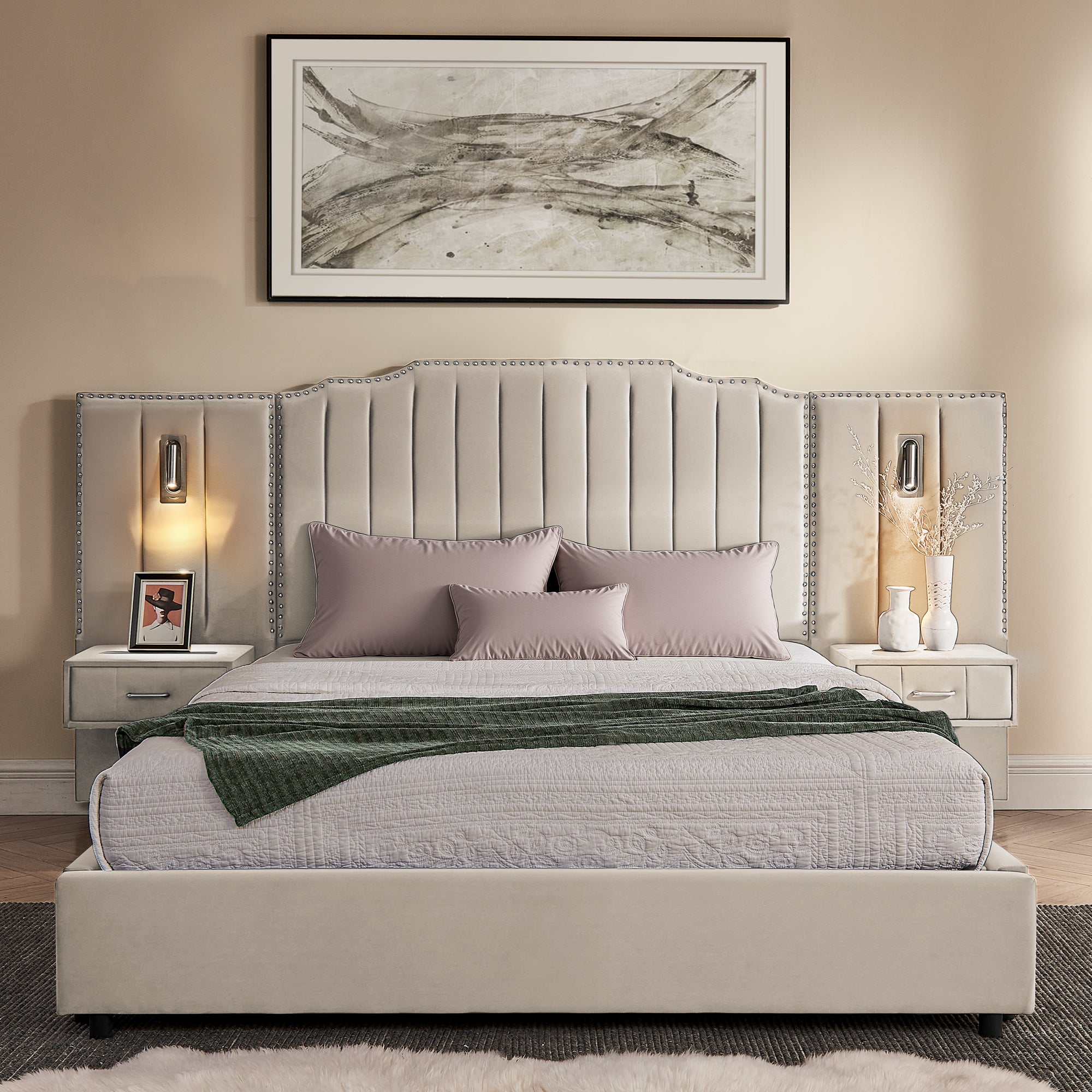 Front view of queen upholstered bed frame with velvet finish, vertical stripe headboard, and built-in bedside tables with adjustable lamps.