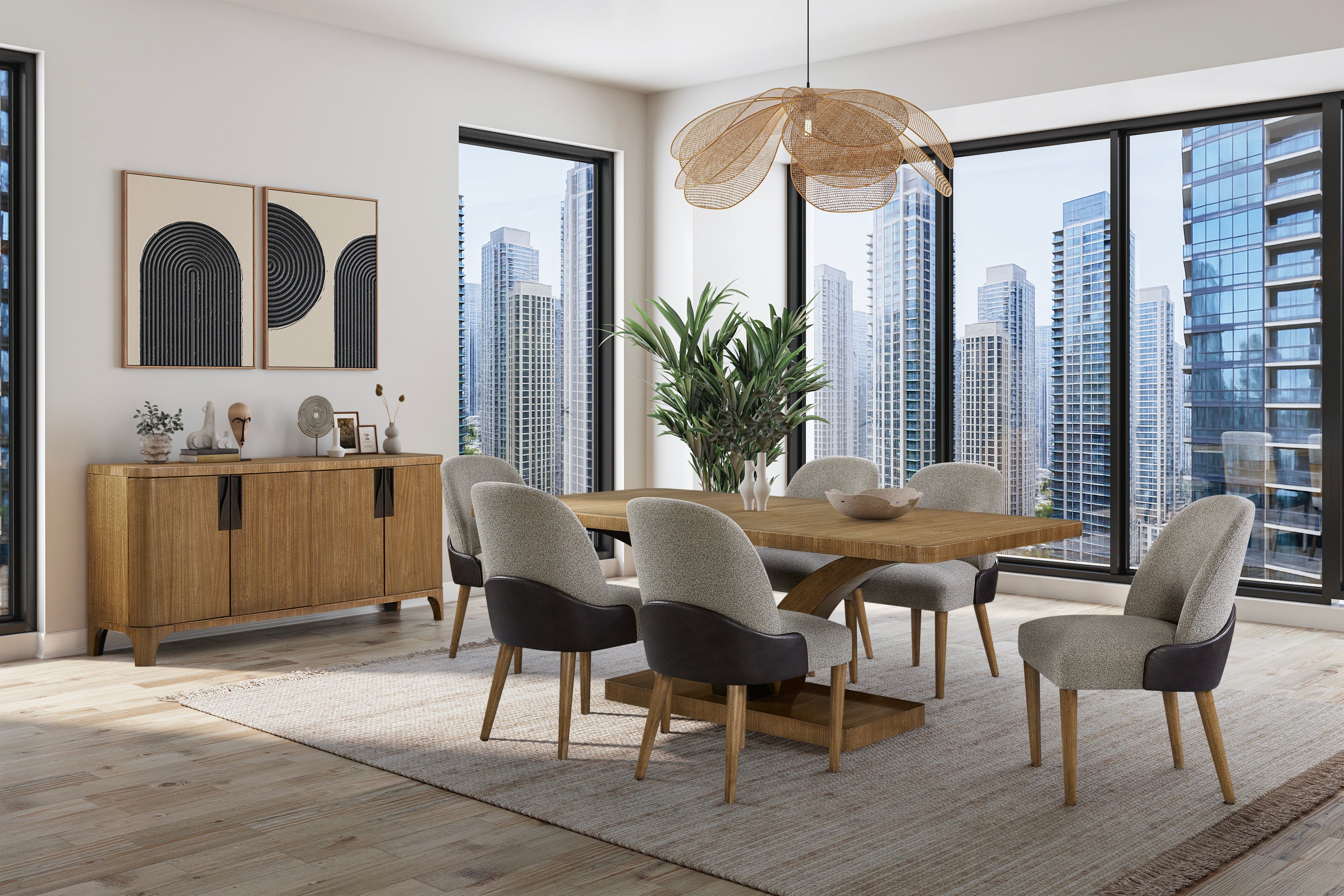 Eucalyptus Server Furniture - Solid Wood & MDF buffet styled in a modern high-rise dining space with cityscape views.