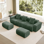 Velvet Modular U Shape Sofa - 3 Seats with Pillows and Ottomans in green, placed in a modern living room with large windows and neutral decor.