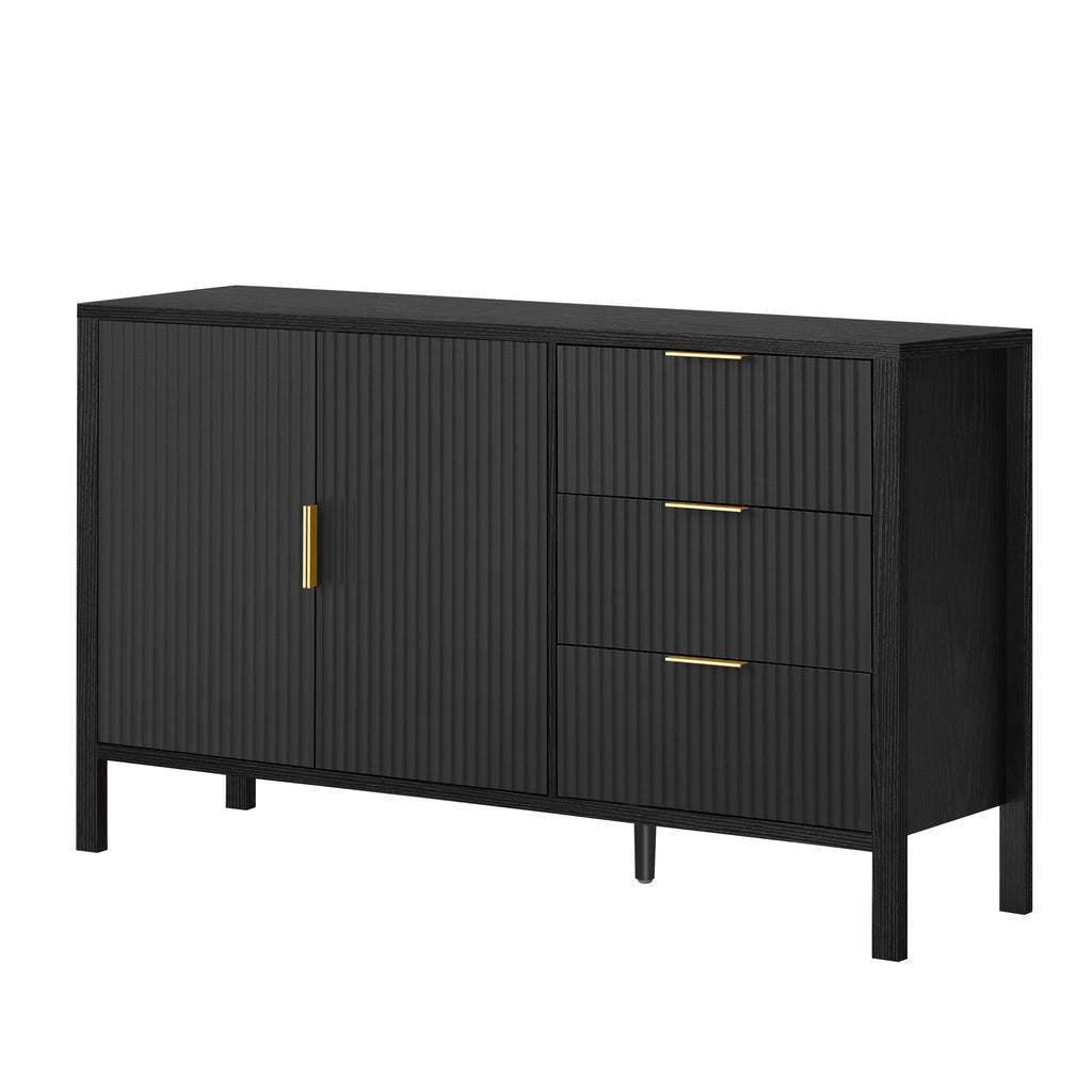 Angled view of modern wave-pattern sideboard with closed doors and drawers, highlighting its elegant black design and gold handles.