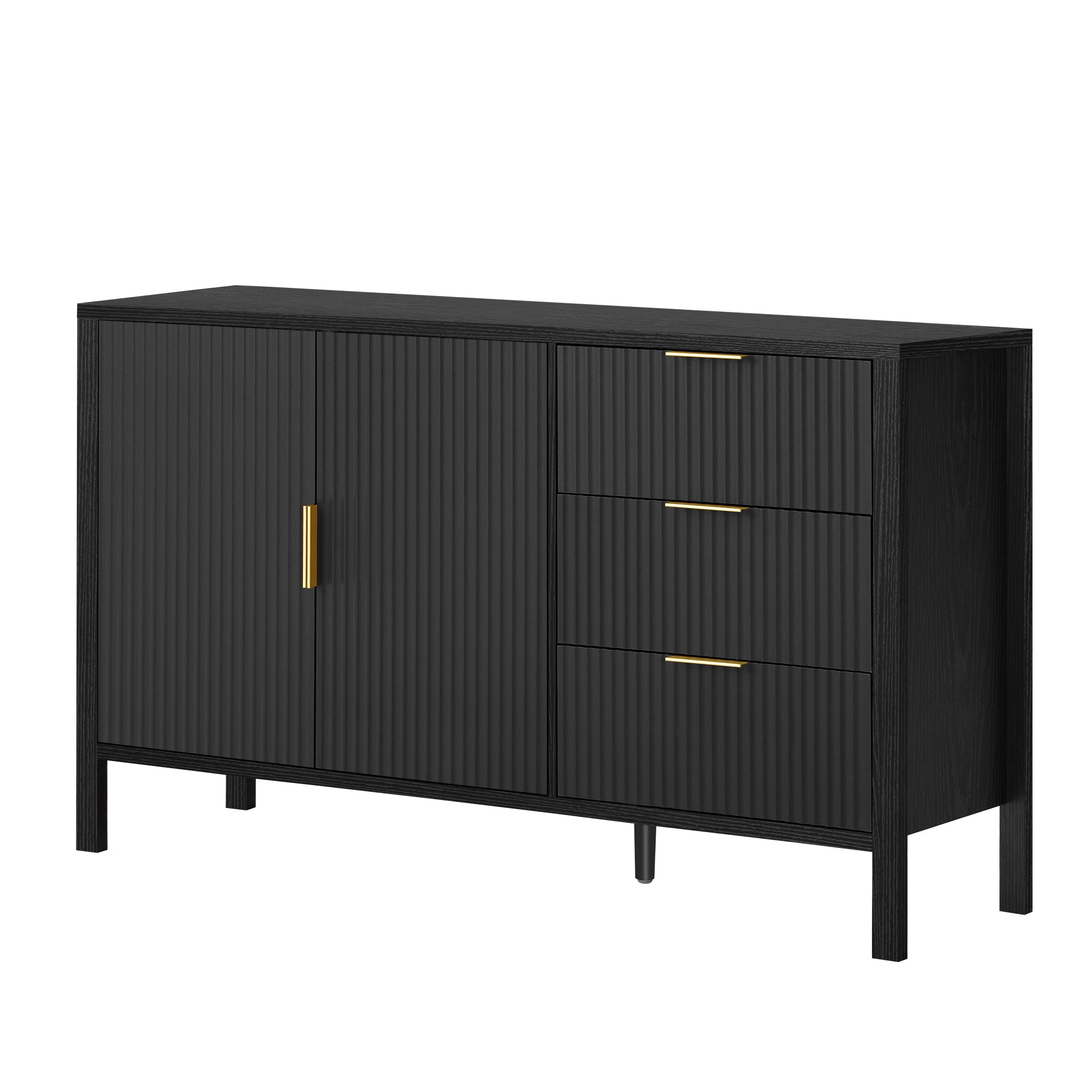 Angled view of modern wave-pattern sideboard with closed doors and drawers, highlighting its elegant black design and gold handles.