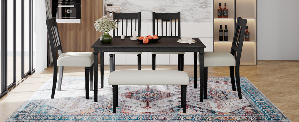 6-piece retro dining set with wooden table, four chairs, and bench in modern kitchen, ideal for space-saving and family meals.