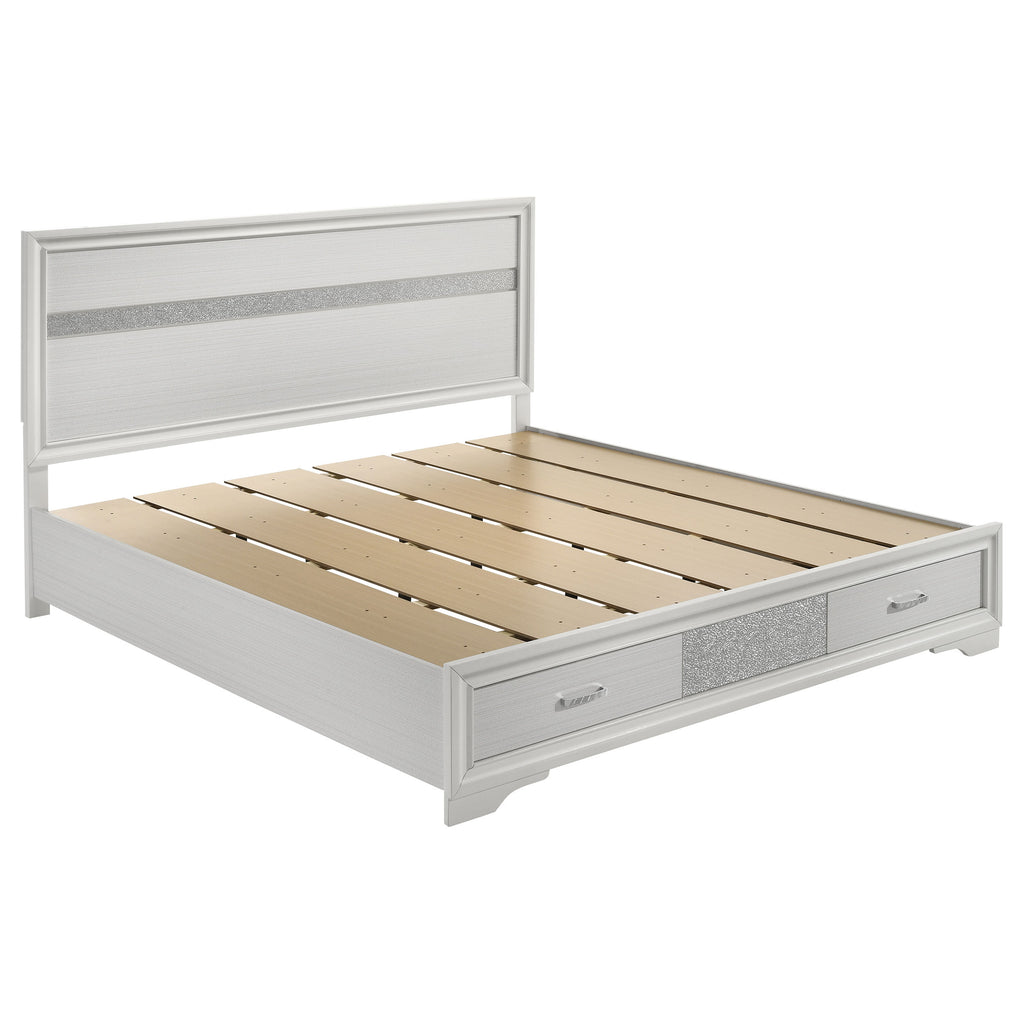 Modern white wooden Eastern King bed with sparkling grey trim and integrated storage drawers.