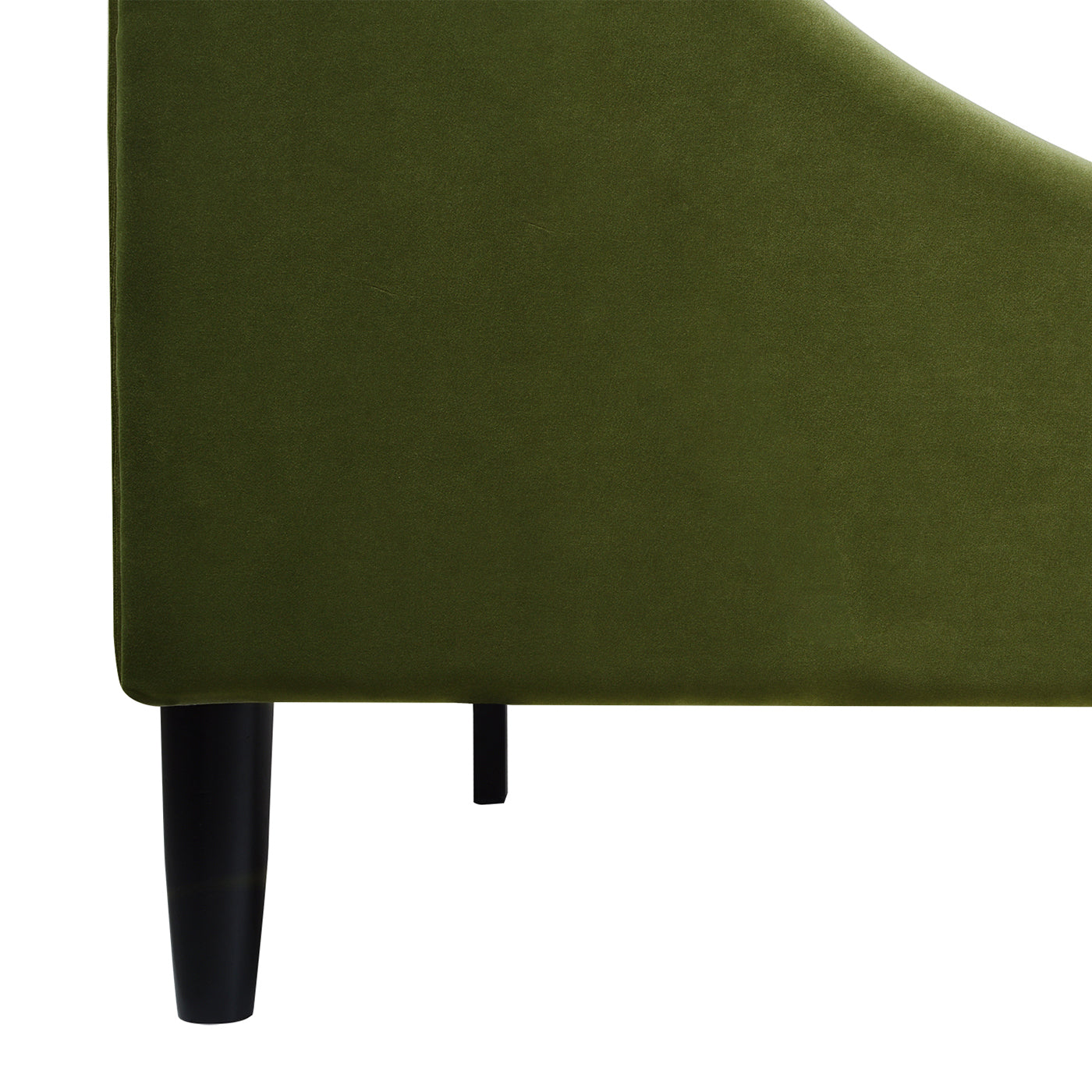 Close-up of Aspen Olive Green Velvet King Bed Set leg and side panel, showcasing smooth velvet upholstery and sturdy black wood leg.