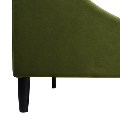 Close-up of Aspen Olive Green Velvet King Bed Set leg and side panel, showcasing smooth velvet upholstery and sturdy black wood leg.