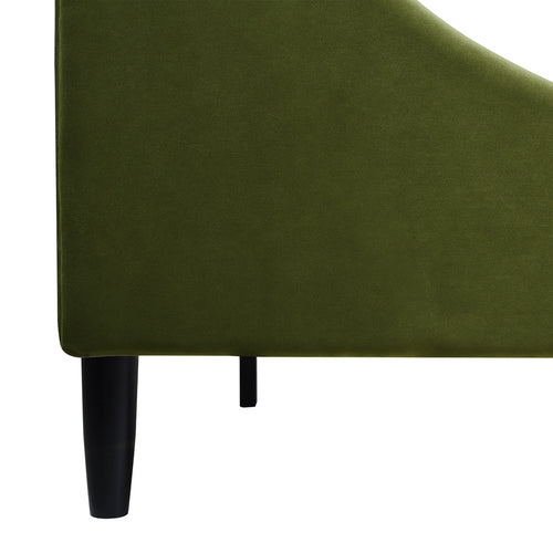 Close-up of Aspen Olive Green Velvet King Bed Set leg and side panel, showcasing smooth velvet upholstery and sturdy black wood leg.