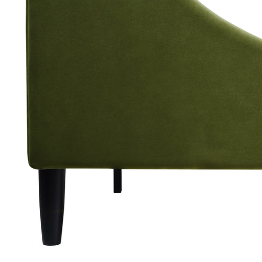 Close-up of Aspen Olive Green Velvet King Bed Set leg and side panel, showcasing smooth velvet upholstery and sturdy black wood leg.