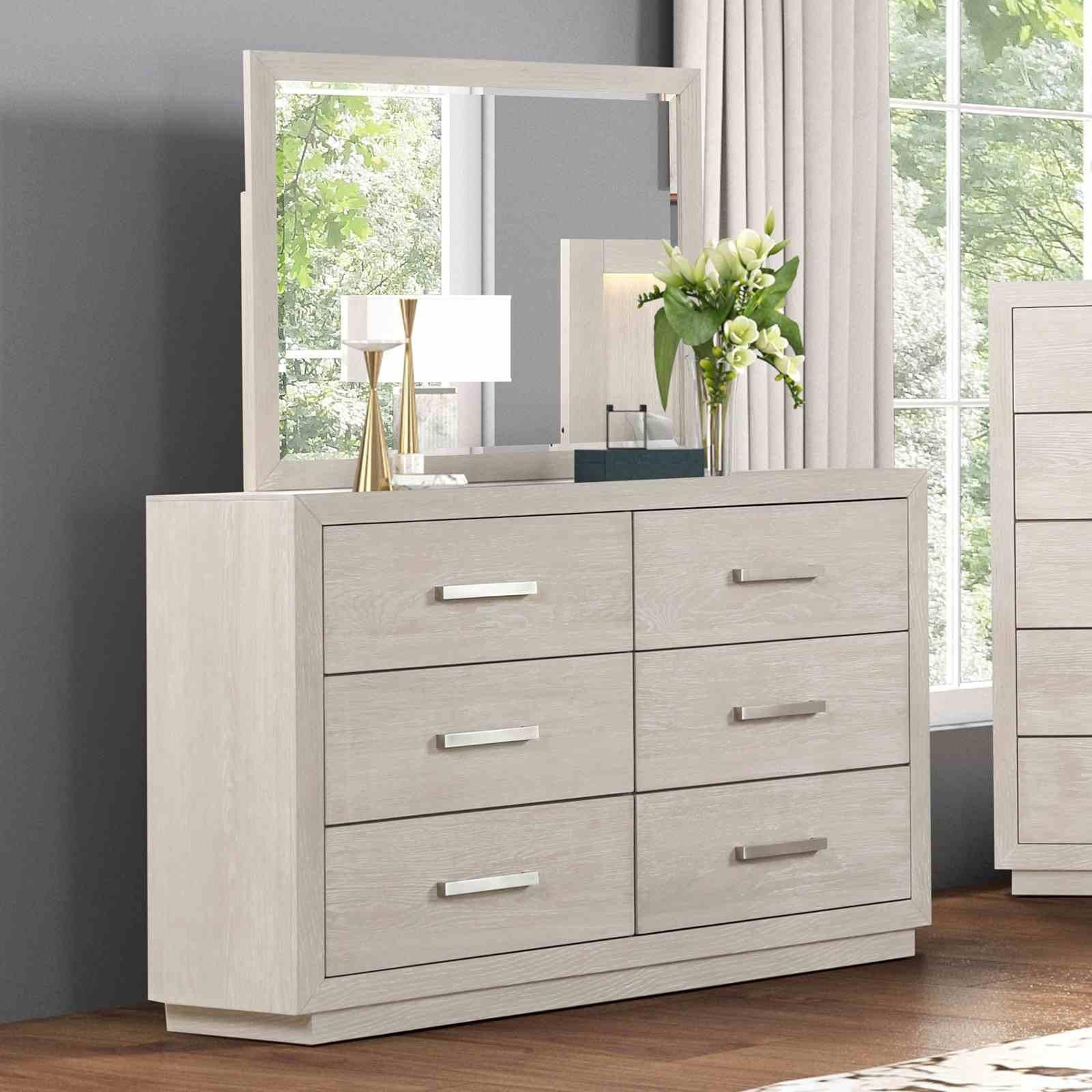 Light Gray Dresser with Mirror - Six Drawers Storage.