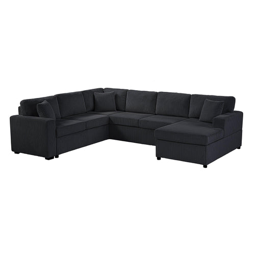 Oversized Sectional Sofa 115.3' U-Shaped Sofa with Chaise Lounge and Three Soft Throw Pillows, Black Corduroy Fabric.