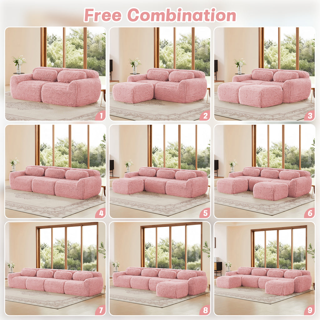 Nine layout options of pink modular sofa chaise for flexible room arrangements. Ergonomic, plush, and anti-slip design.