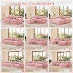 Nine layout options of pink modular sofa chaise for flexible room arrangements. Ergonomic, plush, and anti-slip design.