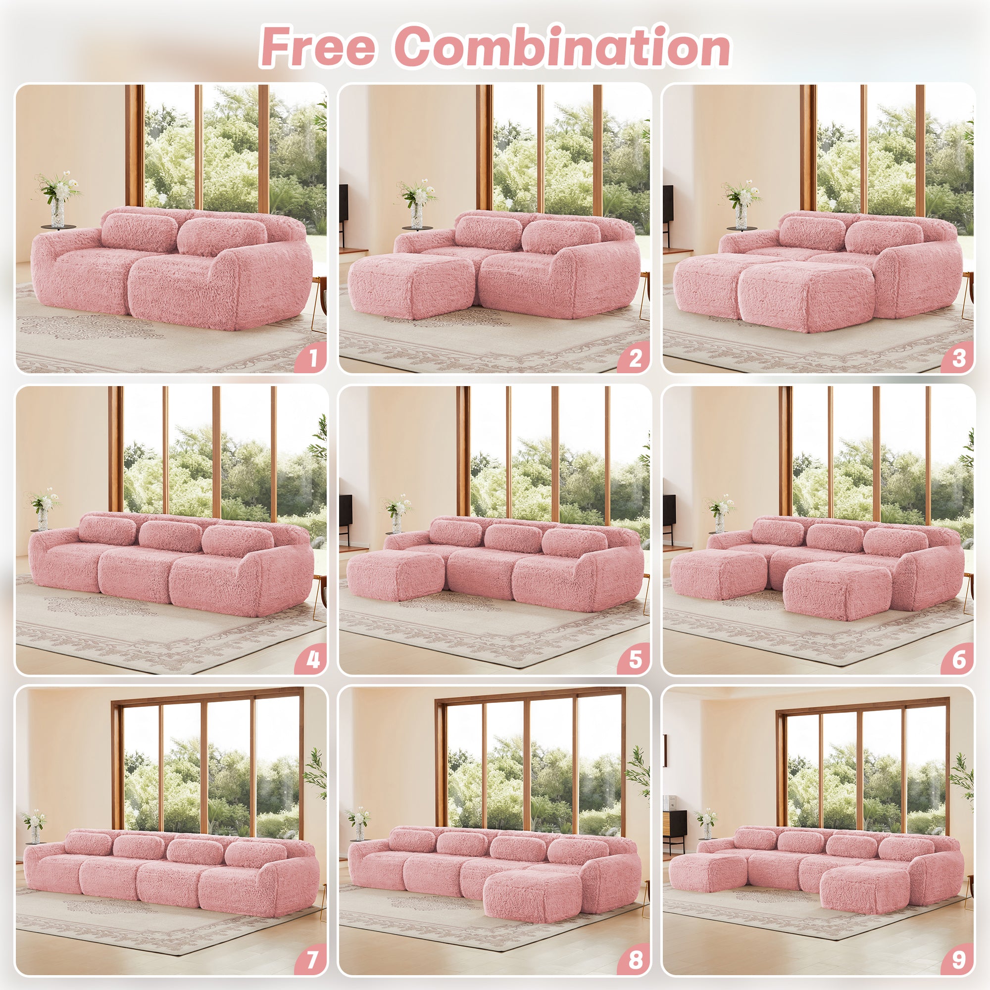Nine layout options of pink modular sofa chaise for flexible room arrangements. Ergonomic, plush, and anti-slip design.