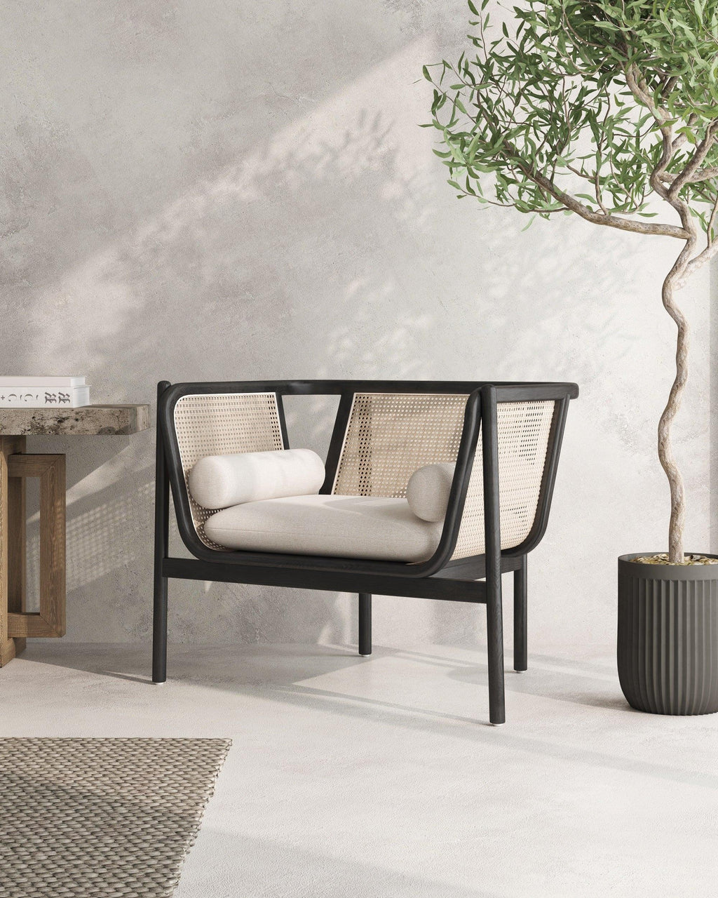 Versailles Cane Wood Accent Armchair in Cream.