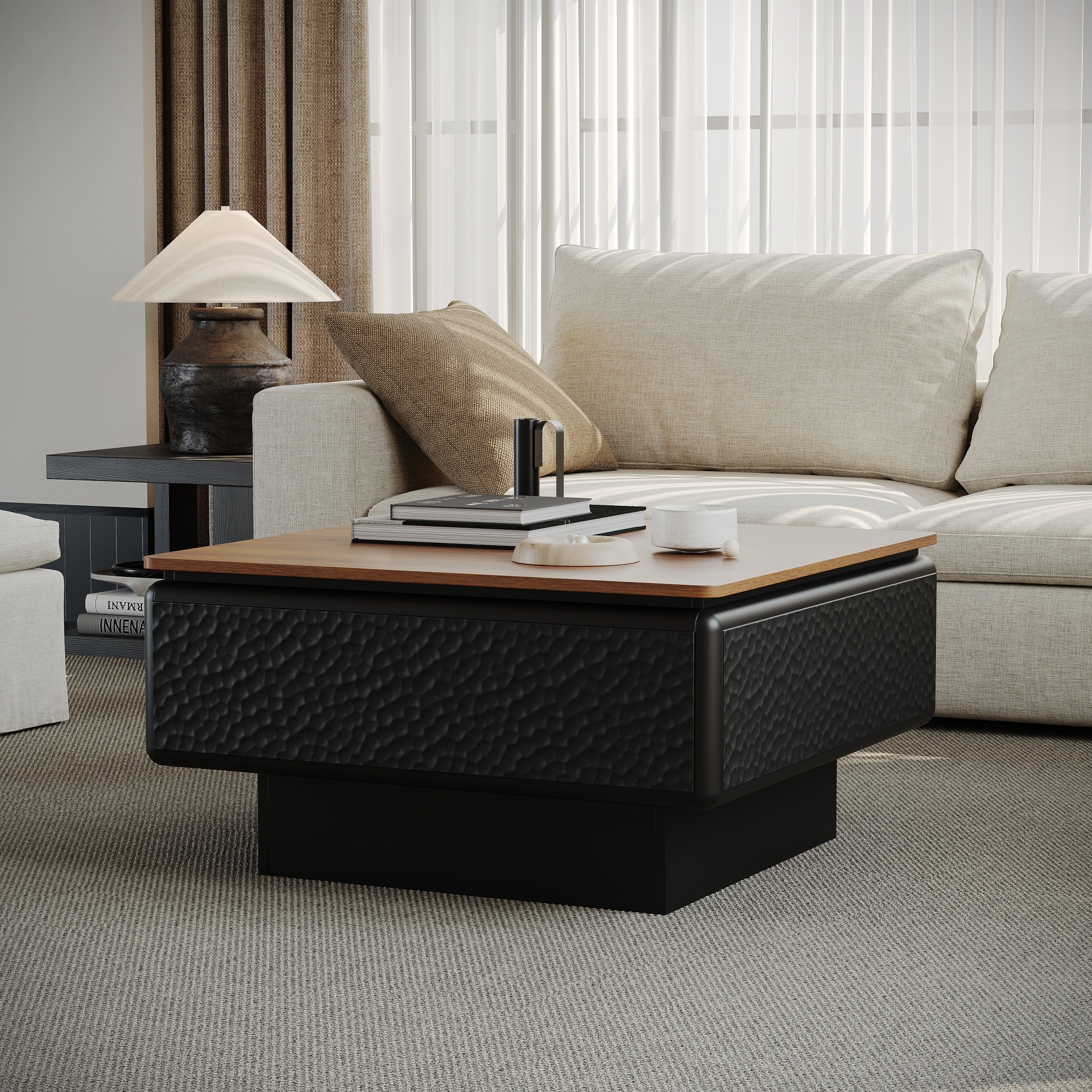 31-Inch Square Lift Top Coffee Table in Black and Brown Wood