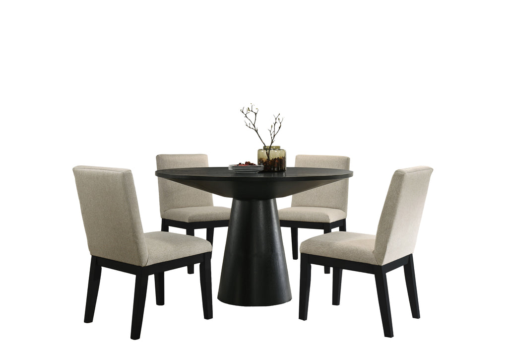 Jasper Dining Set - Black Round Table & Chairs shown on white background. Features 47-inch round table with 4 upholstered beige chairs.