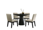 Jasper Dining Set - Black Round Table & Chairs shown on white background. Features 47-inch round table with 4 upholstered beige chairs.