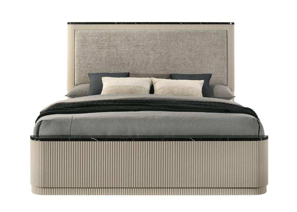 Travonte Queen Linen Bed with Beige and Gray Upholstered Headboard