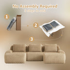 No assembly required modular U-shaped sofa in flannelette fabric, illustrated in three easy setup steps from box to finished sofa.