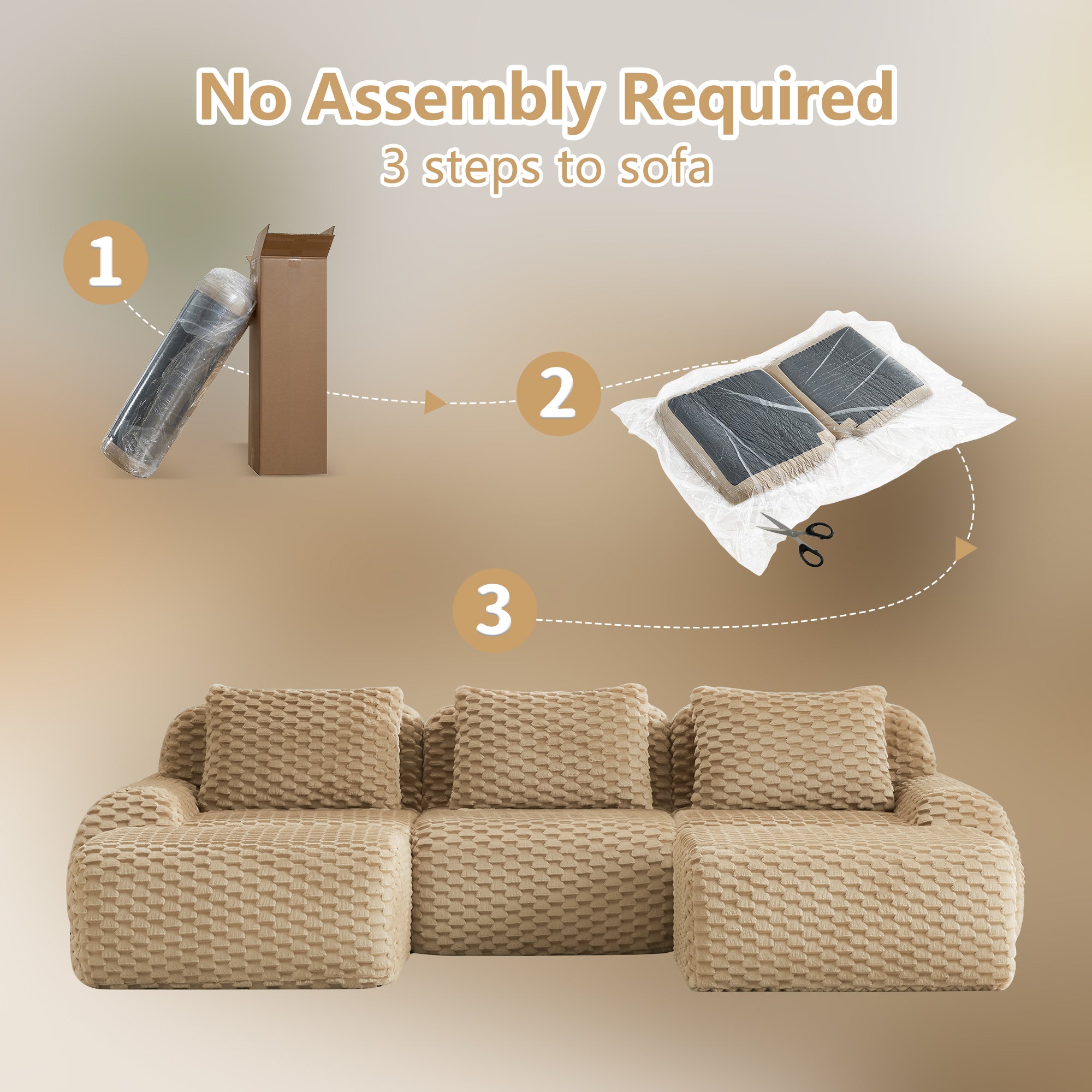 No assembly required modular U-shaped sofa in flannelette fabric, illustrated in three easy setup steps from box to finished sofa.