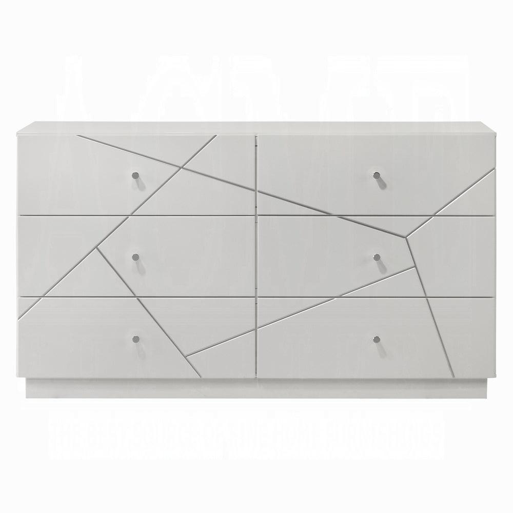 Modern White Dresser with 6 Drawers and Embossed Lines.