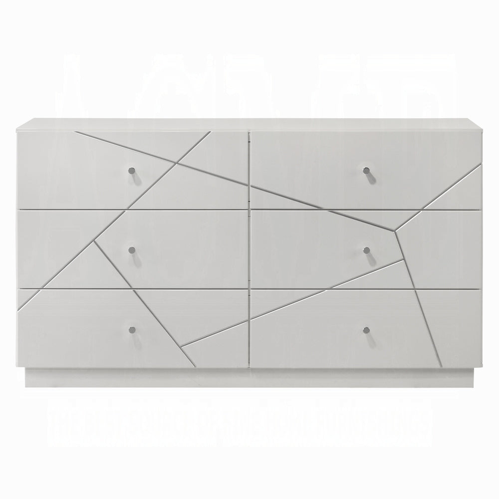Front view of modern white dresser with 6 drawers and embossed lines. Ultra modern style with symmetrical drawer layout and minimalist design.