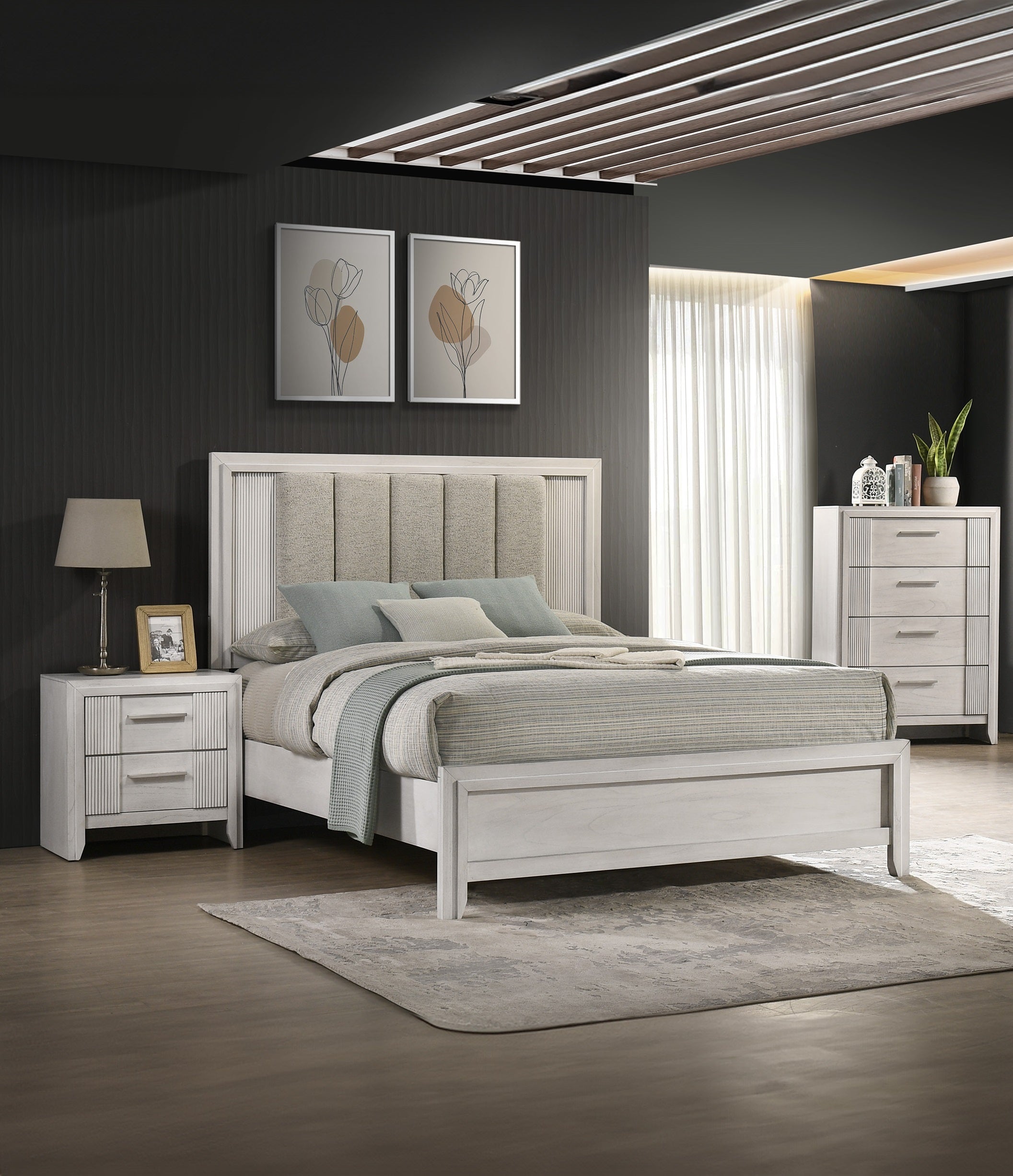 Contemporary 4-Drawer Chest - Tall Storage featured in a modern bedroom set, complementing a matching bed and nightstand.