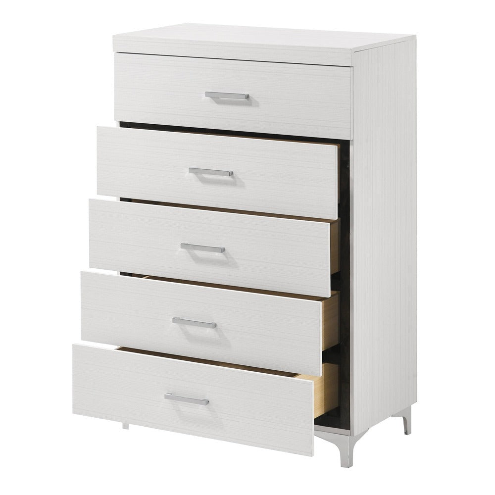 Modern Wooden Storage Chest with 5 drawers partially open, showcasing spacious interior and chrome handles in white finish.