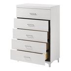 Modern Wooden Storage Chest with 5 drawers partially open, showcasing spacious interior and chrome handles in white finish.