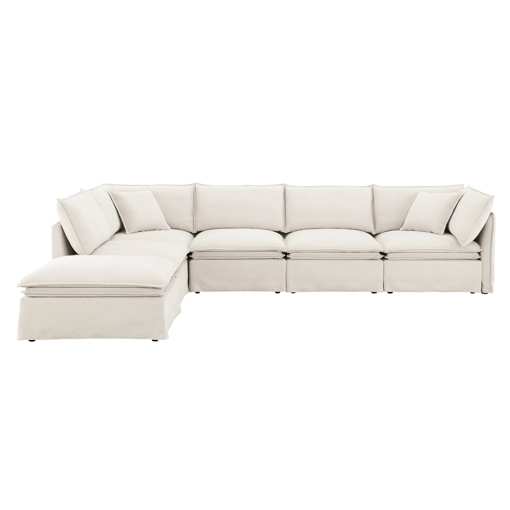 Front view of modular sectional sofa with ottoman, offering ample seating and a cozy, modern design ideal for spacious living rooms.