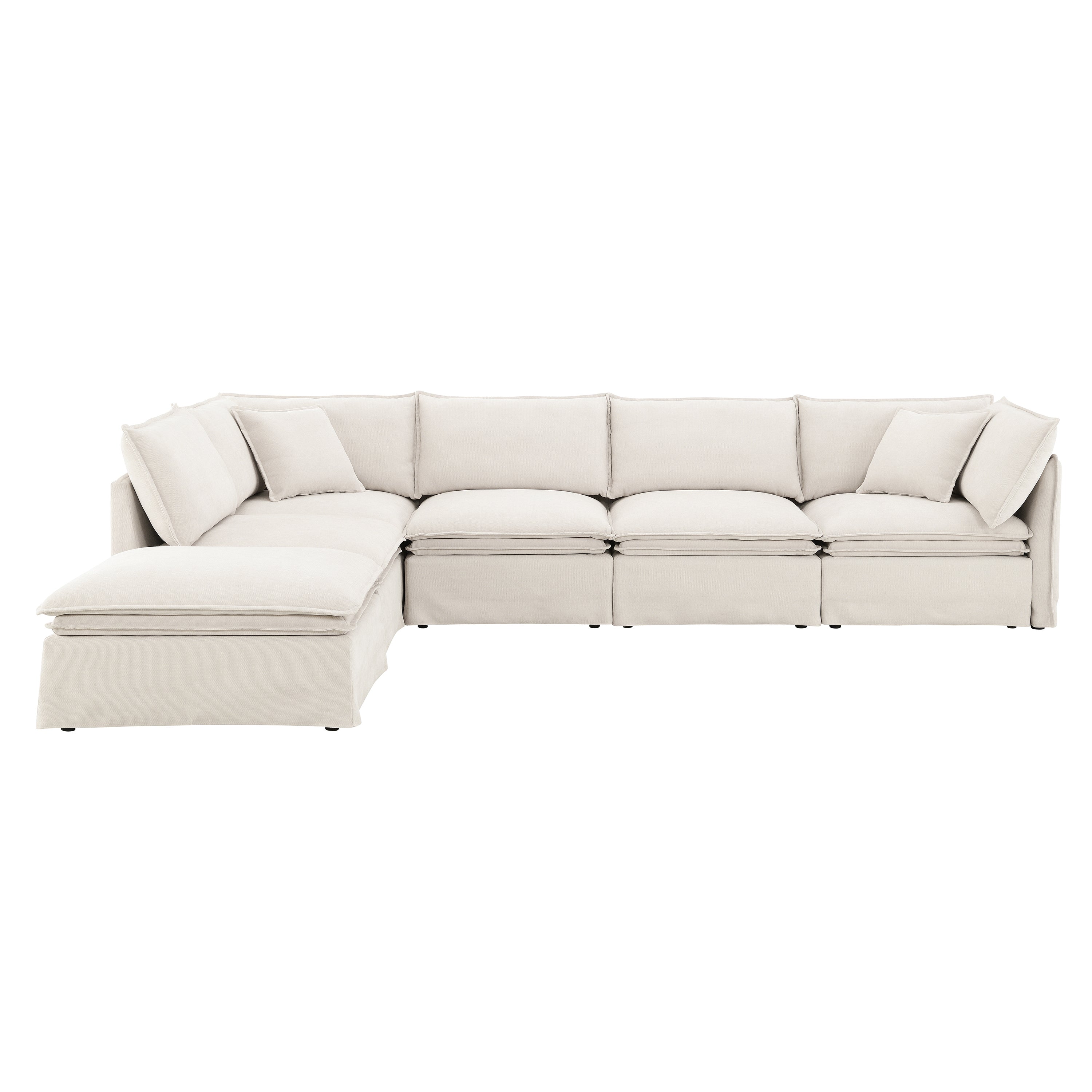 Front view of modular sectional sofa with ottoman, offering ample seating and a cozy, modern design ideal for spacious living rooms.