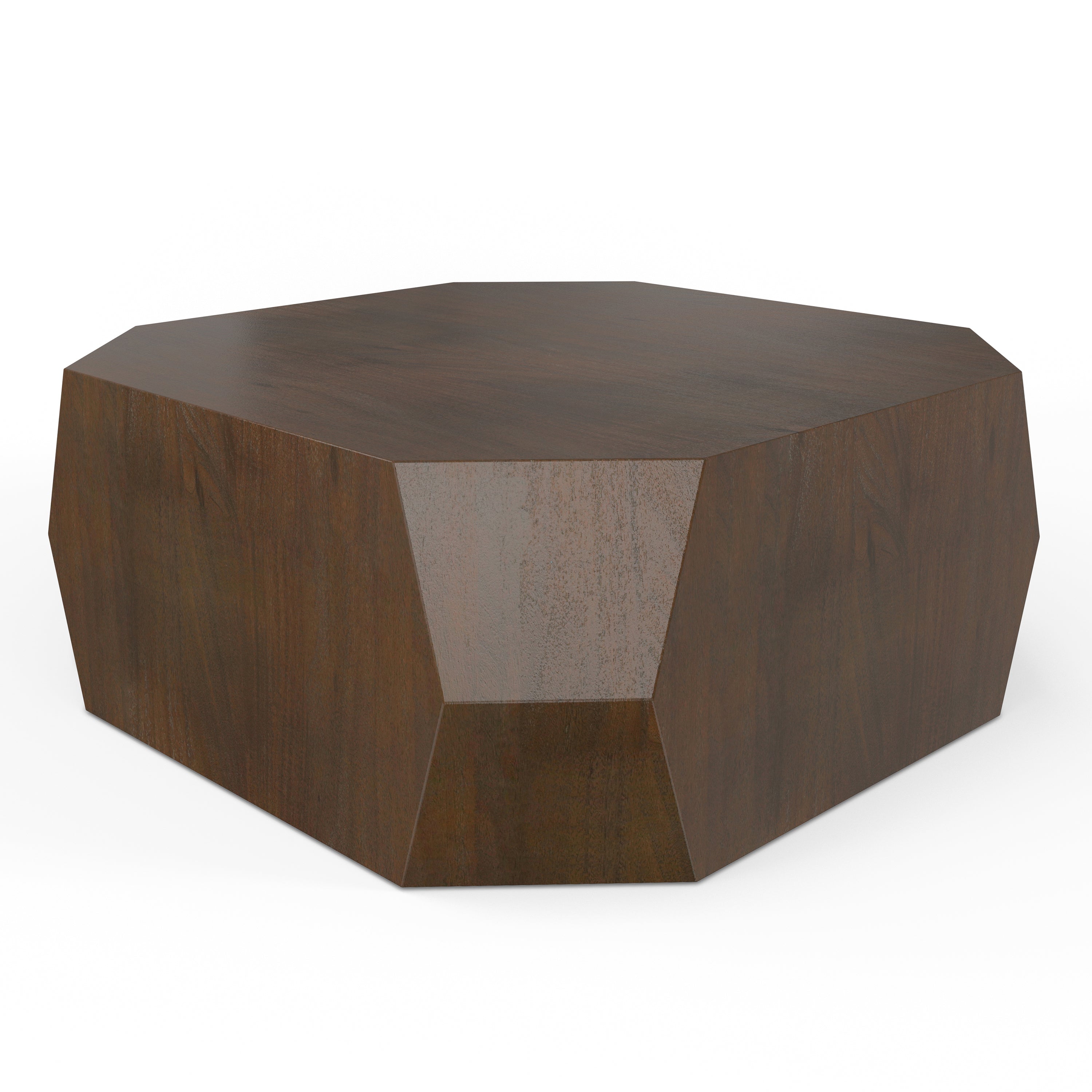 Front view of Eisley Walnut Coffee Table from India with polygonal silhouette and smooth wood grain texture.