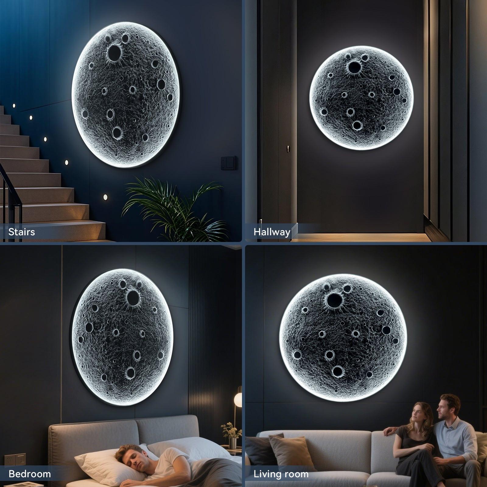 32-Inch Realistic Resin Moon Wall Light – Plug-In Dimmable LED Moon Sconce with Remote Control, 30 W Main & 10 W Night Light, Meteorite Crater Texture, 1.75″ Thick Wall-Mounted Décor for Home & Commer.