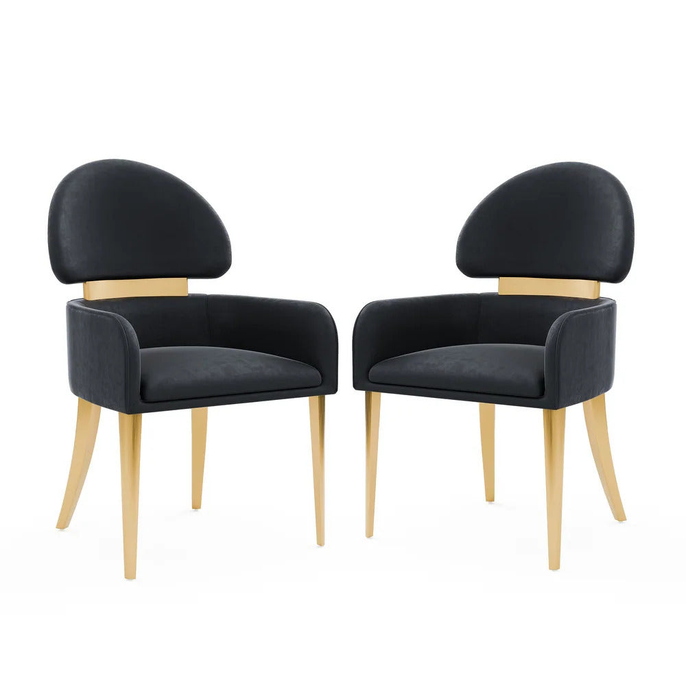 Set of 2 contemporary black dining arm chairs with gold stainless steel legs, designed for stylish and modern dining spaces.