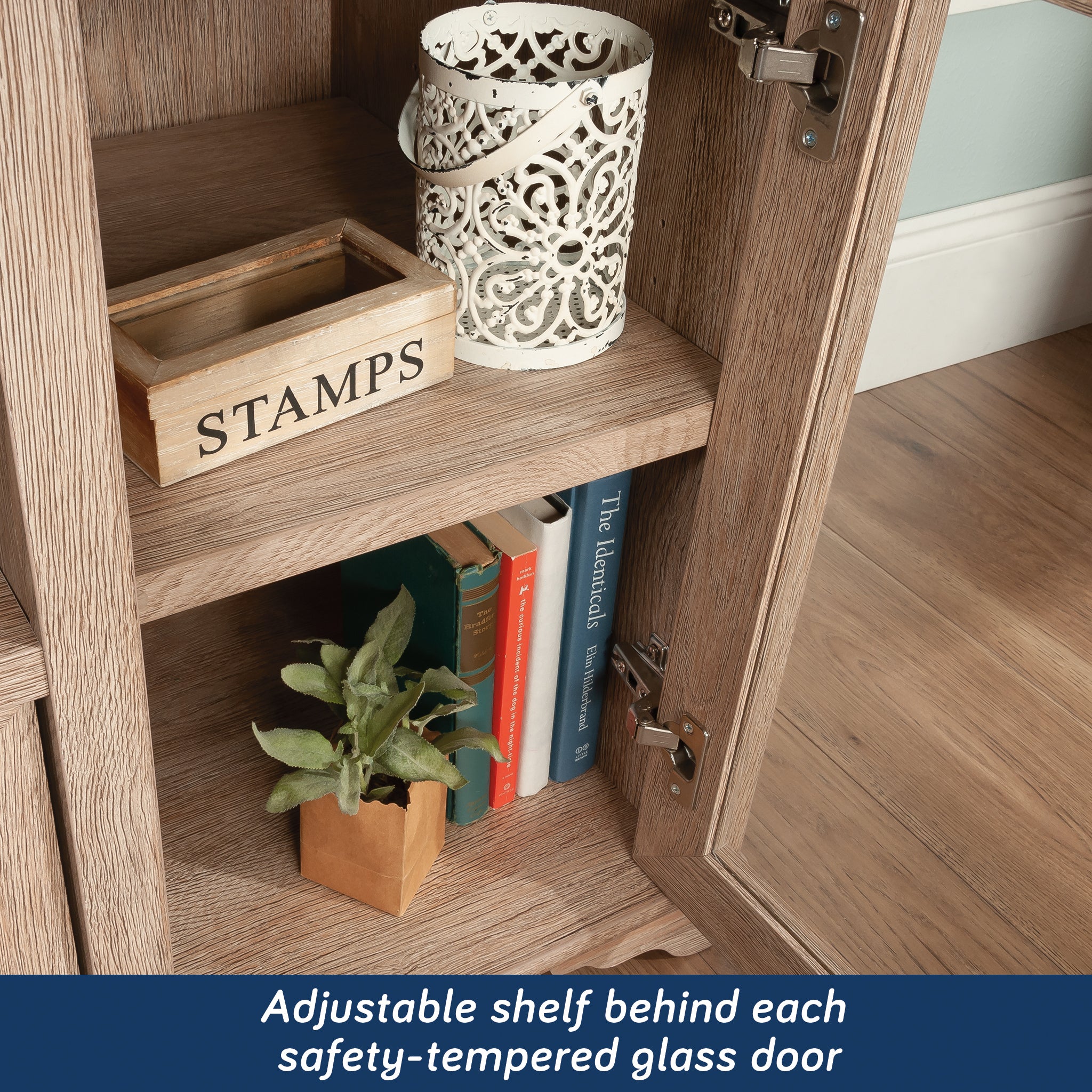 Adjustable shelf behind safety-tempered glass door of the Modern Office Credenza Set, ideal for organized and secure office storage.