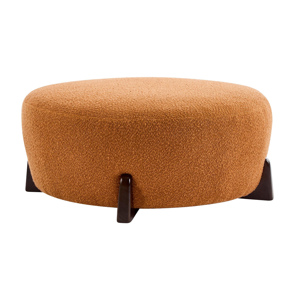 Round Boucle Ottoman with Rubber Wood Legs.