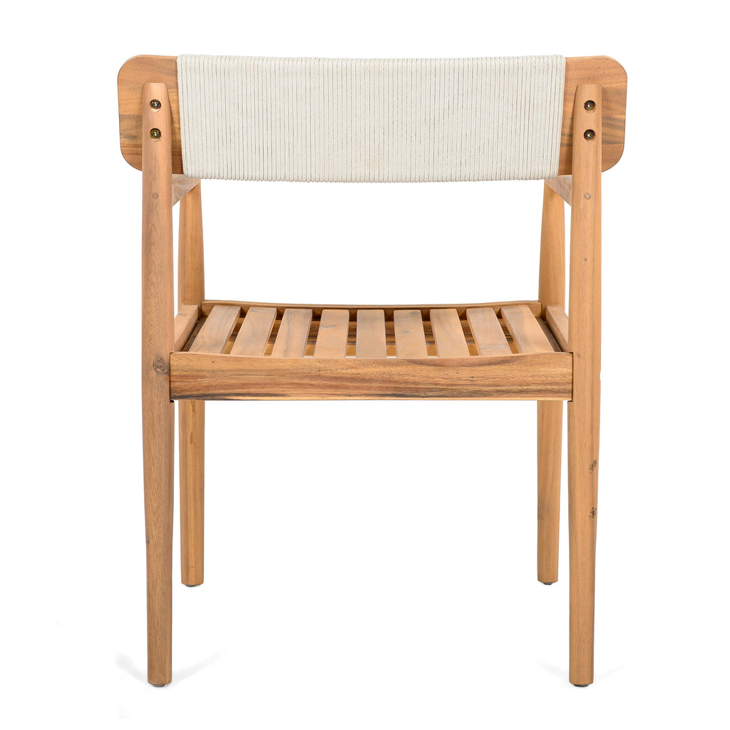 Creative Braided Acacia Wood Outdoor Dining Table and Chairs with Armrests, Teak Look & White Rope, Set of 2