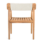 Creative Braided Acacia Wood Outdoor Dining Table and Chairs with Armrests, Teak Look & White Rope, Set of 2