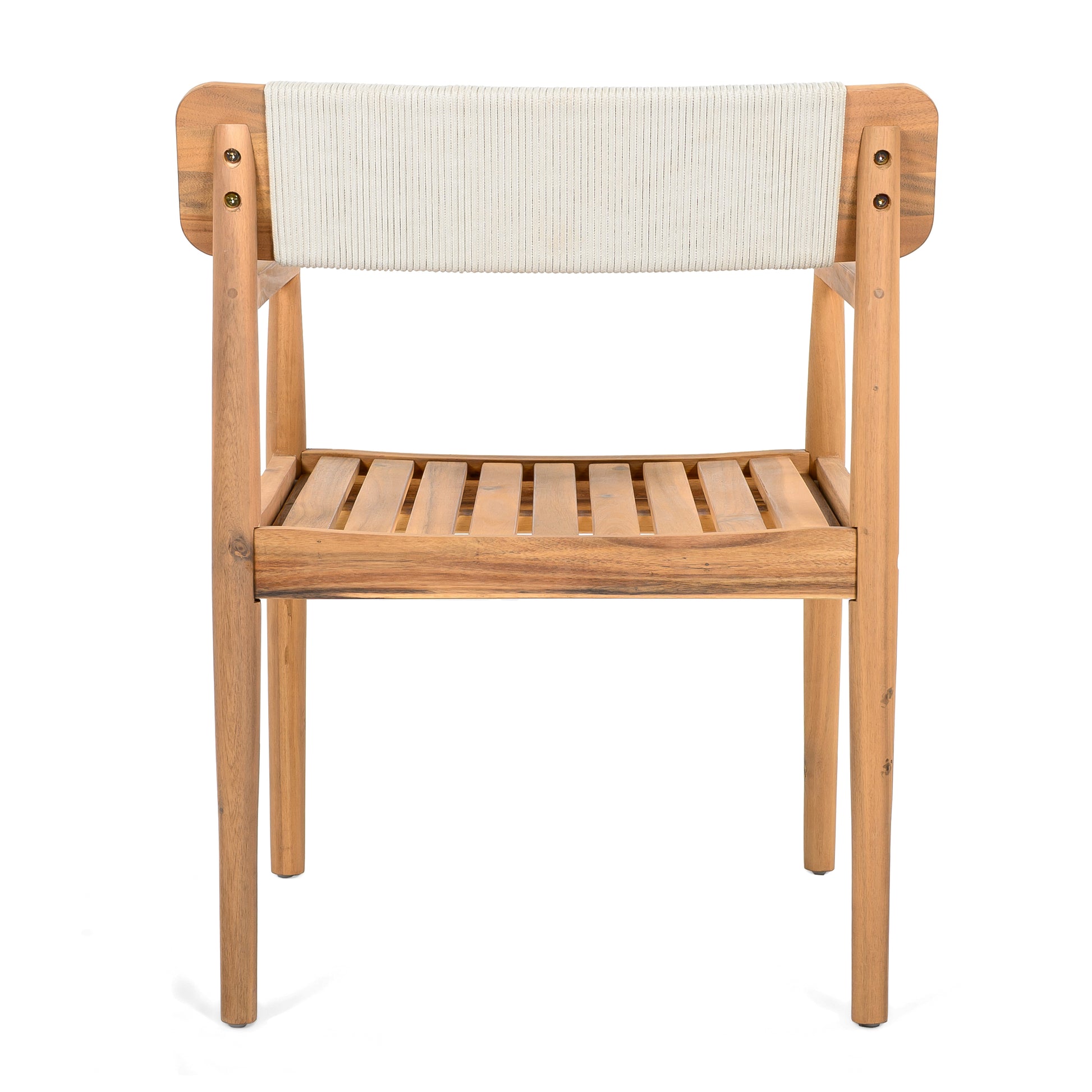 Creative Braided Acacia Wood Outdoor Dining Table and Chairs with Armrests, Teak Look & White Rope, Set of 2