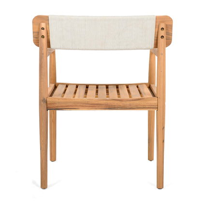 Creative Braided Acacia Wood Outdoor Dining Table and Chairs with Armrests, Teak Look & White Rope, Set of 2
