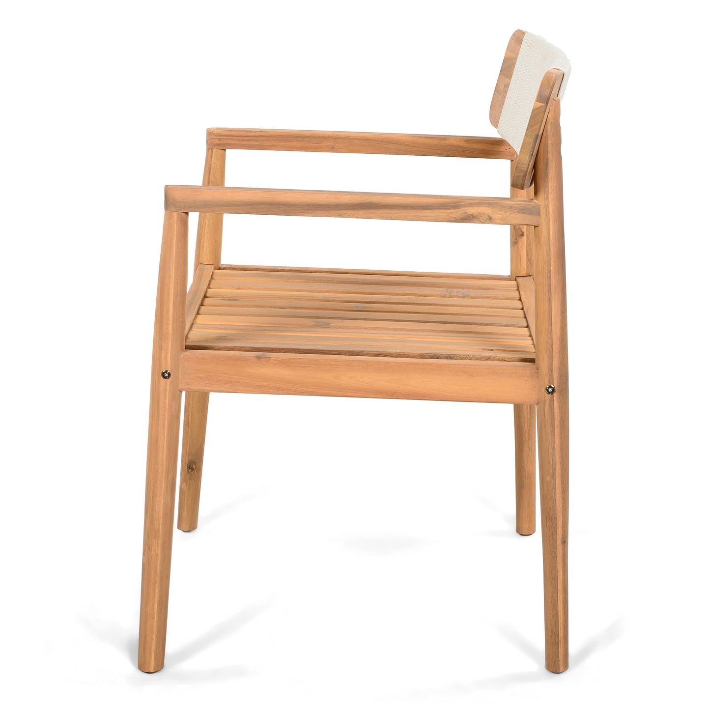 Creative Braided Acacia Wood Outdoor Dining Table and Chairs with Armrests, Teak Look & White Rope, Set of 2