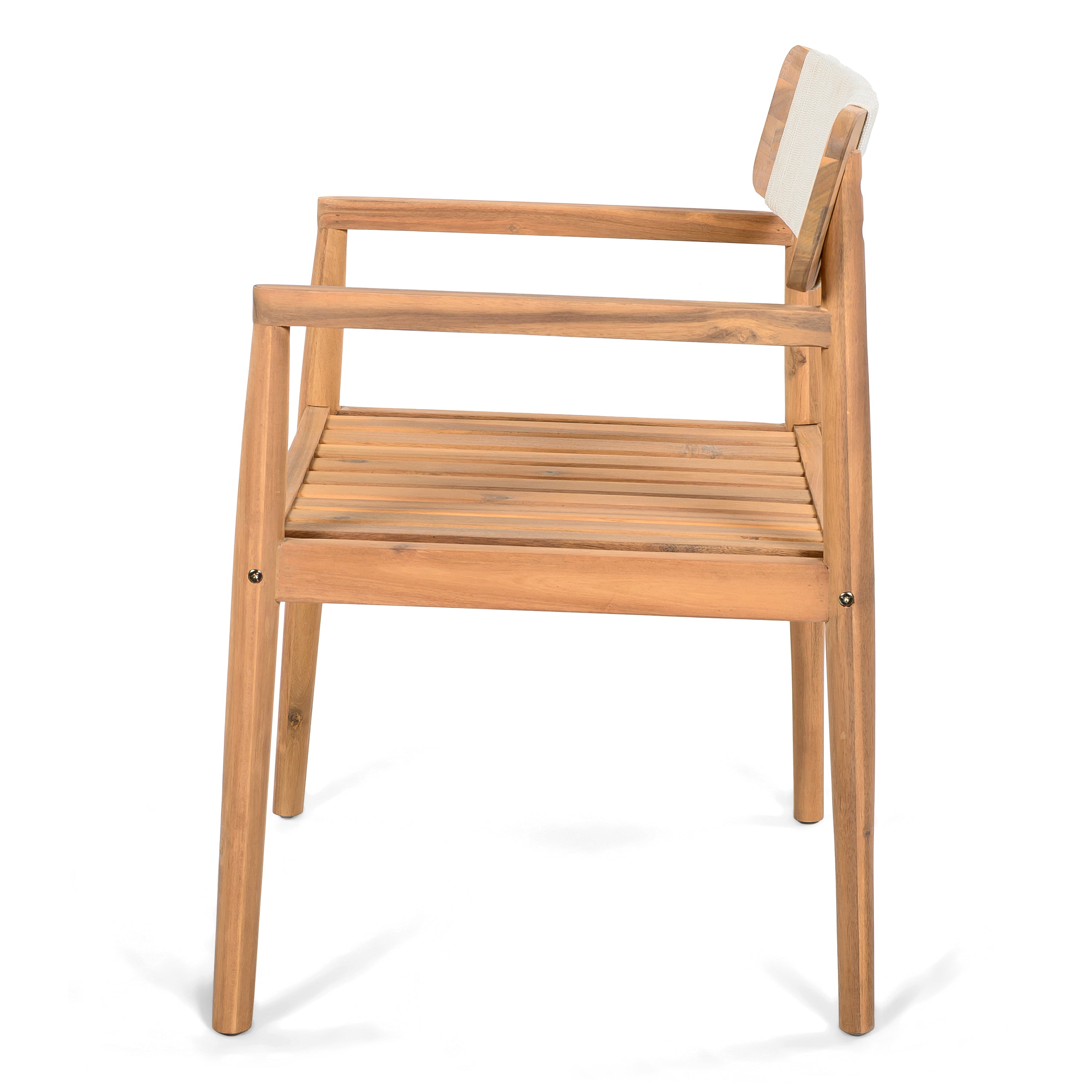 Creative Braided Acacia Wood Outdoor Dining Table and Chairs with Armrests, Teak Look & White Rope, Set of 2