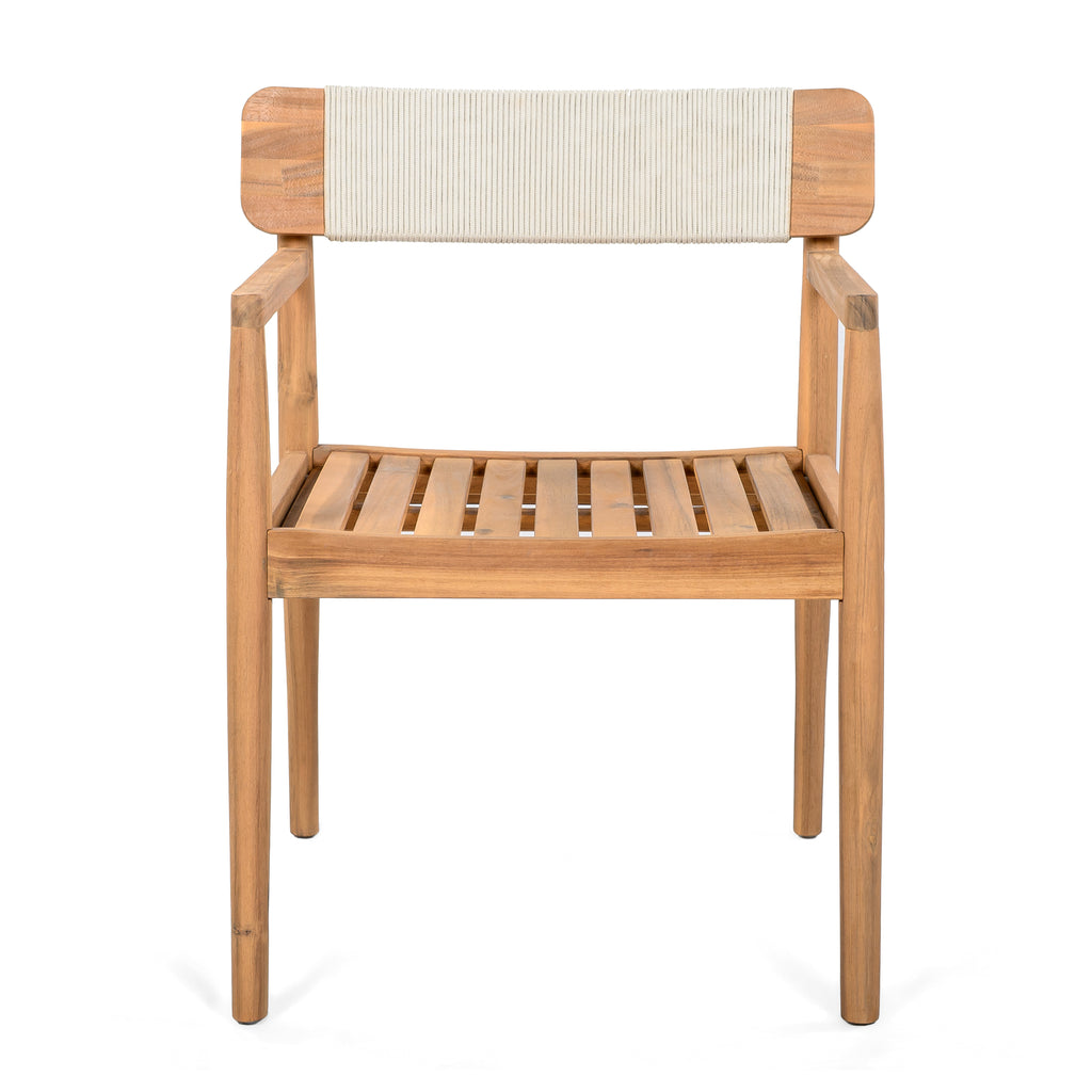 Creative Braided Acacia Wood Outdoor Dining Table and Chairs with Armrests, Teak Look & White Rope, Set of 2