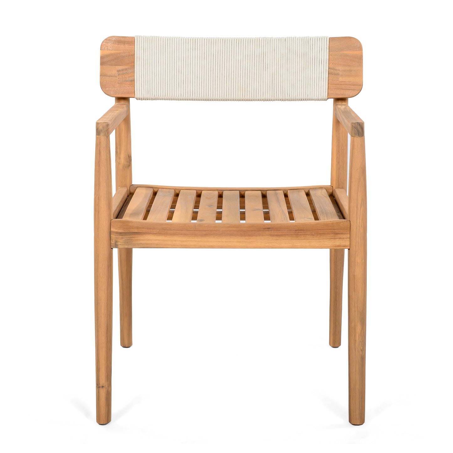 Creative Braided Acacia Wood Outdoor Dining Table and Chairs with Armrests, Teak Look & White Rope, Set of 2